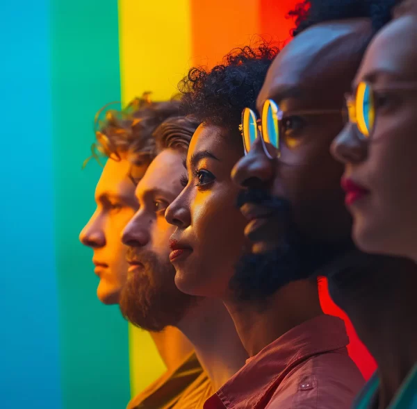 portrait people with colorful rainbow from their thoughts brain blue background copy