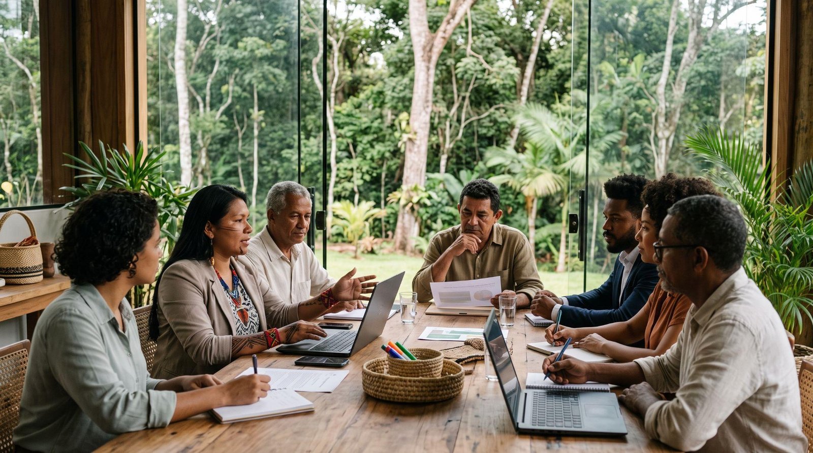 Profissionais de diferentes origens, incluindo uma mulher indígena, em reunião de trabalho com a floresta amazônica ao fundo
