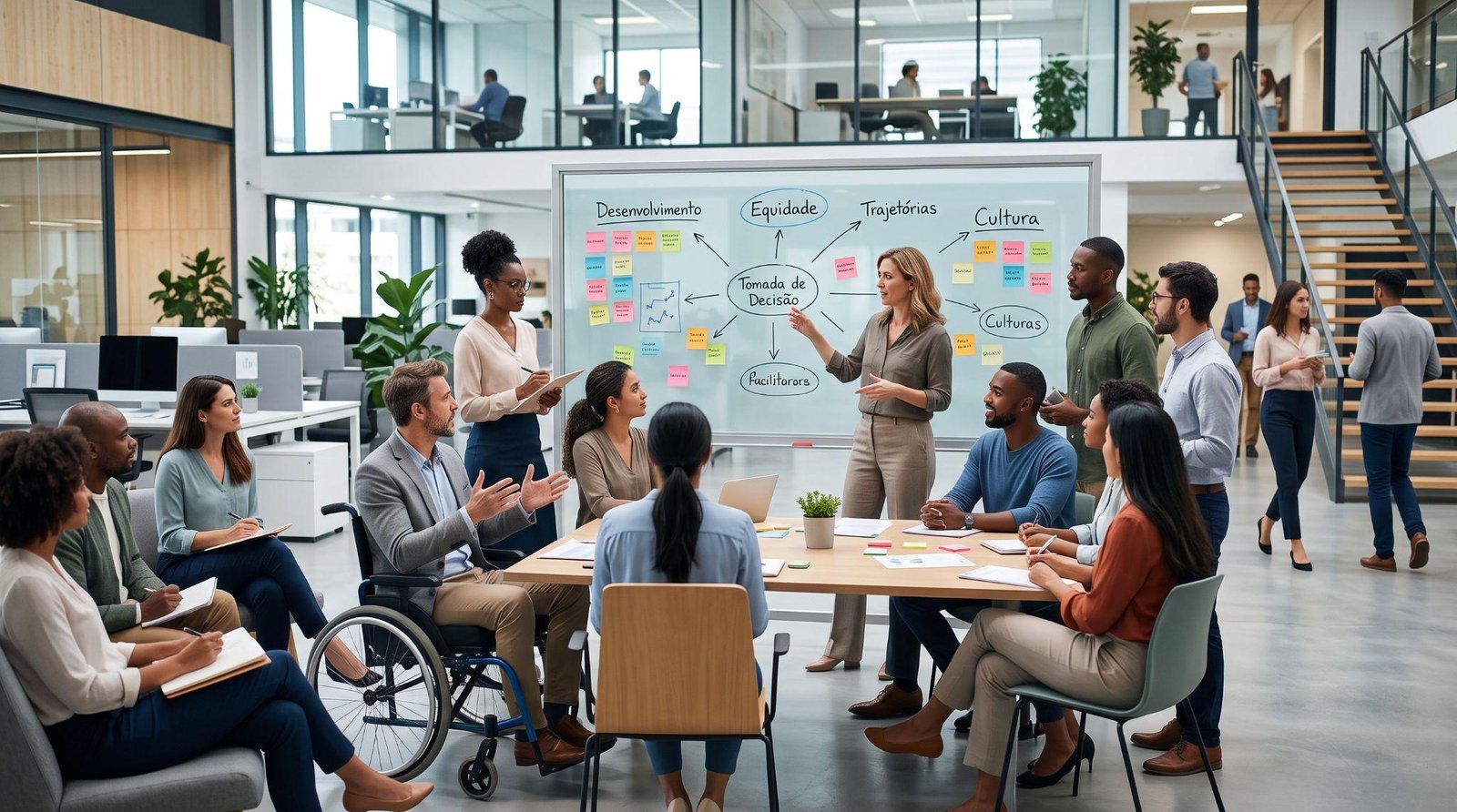 Equipe diversa reunida em torno de quadro com os temas tomada de decisão, equidade, desenvolvimento, trajetórias e cultura